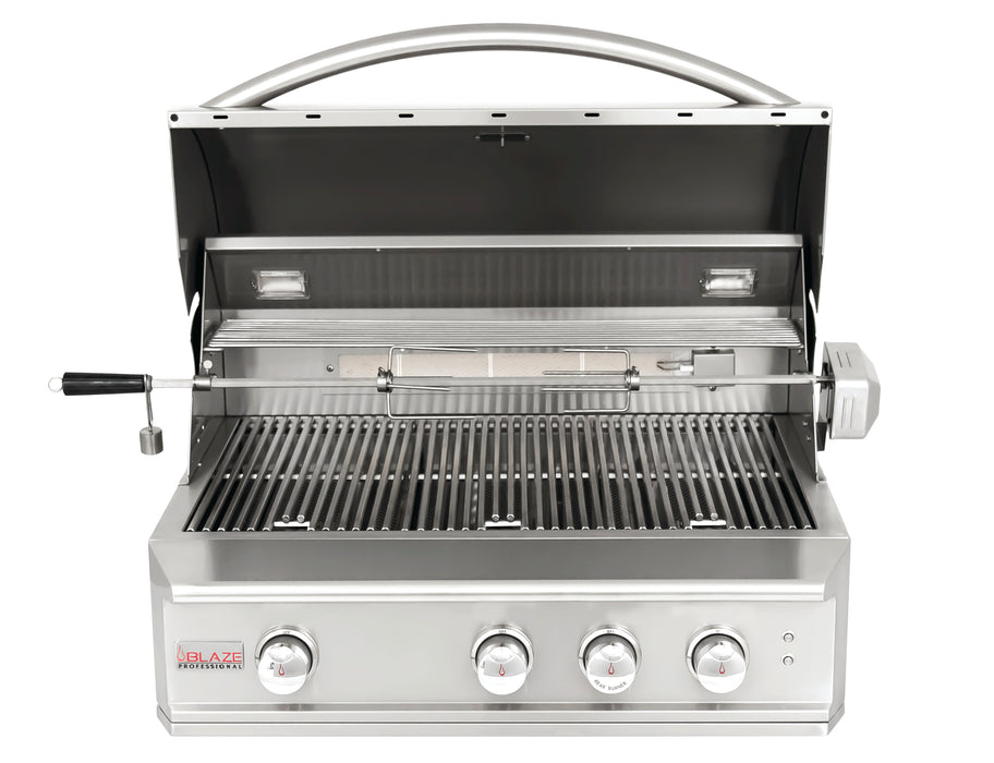 Blaze 34" 3-Burner Built-In Gas Grill with Rear Infrared Burner and Cart Included. In Natural Gas or Liquid Propane