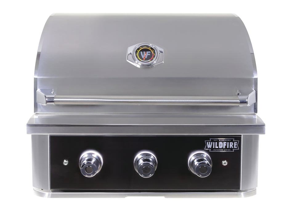 Wildfire 30" Ranch Series Pro Built-In Grill in Black 304 SS, available in Propane or Natural Gas. Cart included