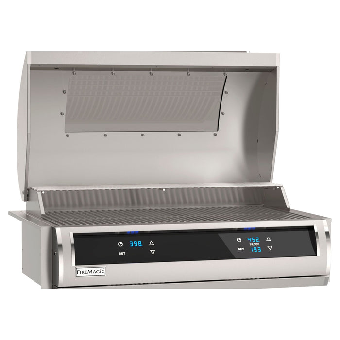 Close-up view of the Fire Magic EL500i 30" Built-In Electric Grill with Magic View window, showcasing its open hood, Diamond Sear grids, and advanced grilling features.