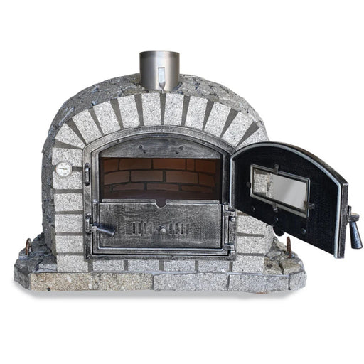 Lisboa Azul Pizza Oven front view with main door open and secondary door closed, showing interior brick dome