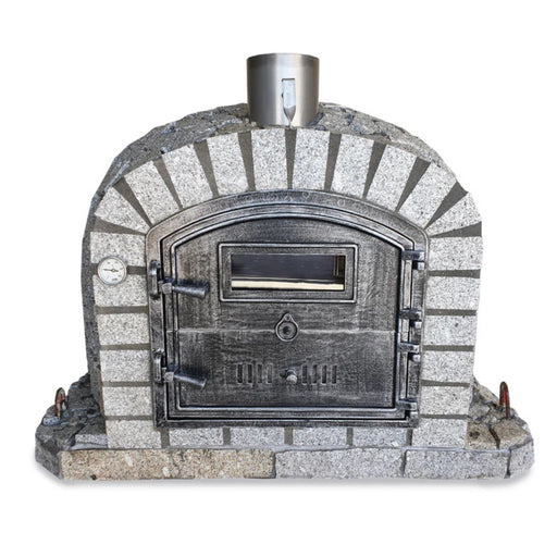 Front view of the Lisboa Azul Premium Pizza Oven with closed door and built-in thermometer