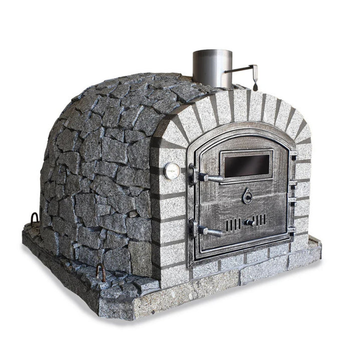 Angled side view of the Lisboa Azul Premium Pizza Oven showing granite finish and chimney
