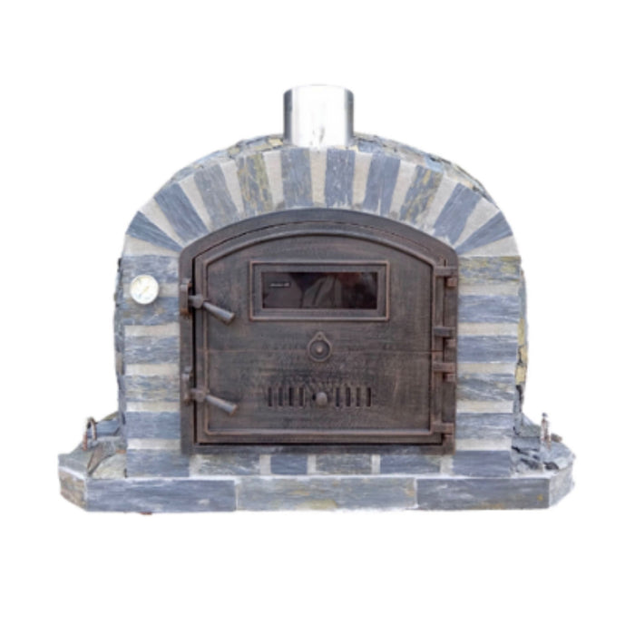 Front view of the Lisboa Premium Pizza Oven with closed barn-style door.

