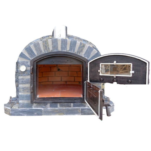 Front view of Lisboa Premium Pizza Oven showing interior brick chamber with doors open.