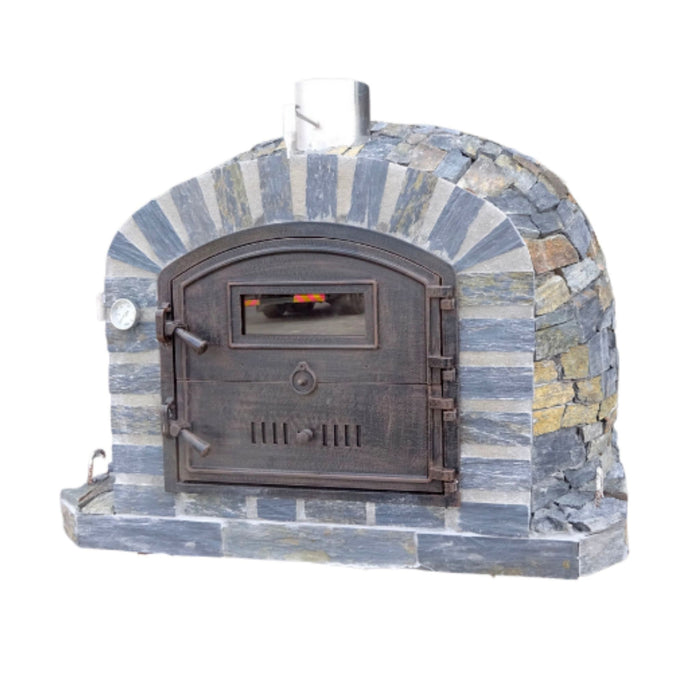 Side angle of Lisboa Premium Pizza Oven highlighting stone finish and chimney.