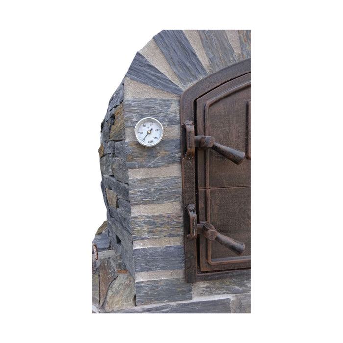 Close-up of the built-in thermometer on the side of the Lisboa Premium Pizza Oven.