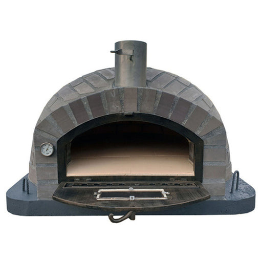 Lume Largo Tudo Pizza Oven front view with door open, gray cast stone dome