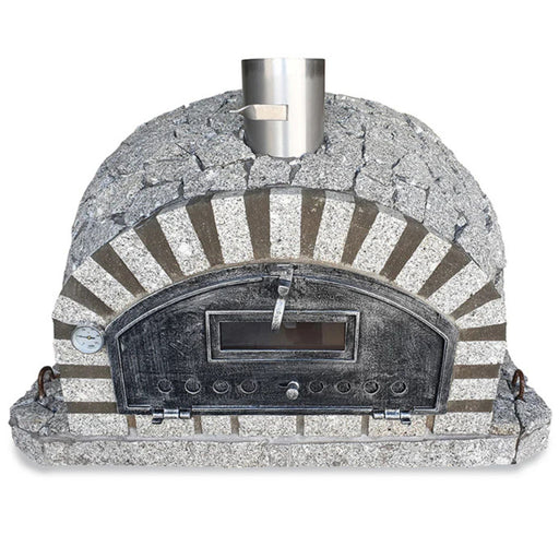 Pizzaioli Azul Granite Premium Pizza Oven front view with closed door and stainless steel chimney