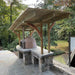 Rustic Lisboa pizza oven installed under pergola in outdoor kitchen