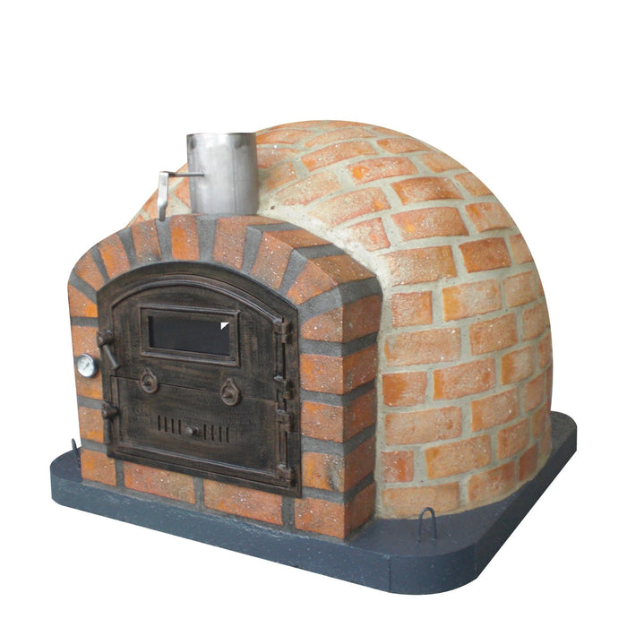 Rustic Lisboa oven side view showing stone facade and chimney