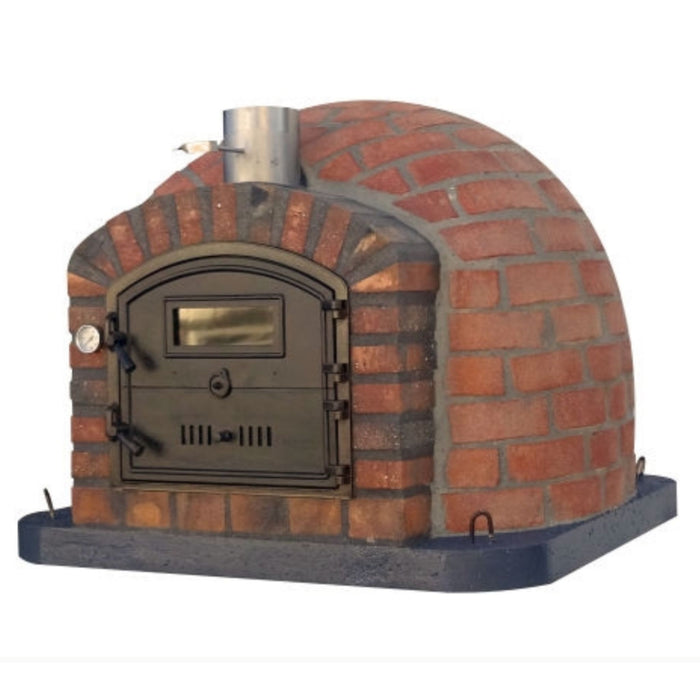 Rustic Lisboa oven side view with light mortar joints and cast chimney