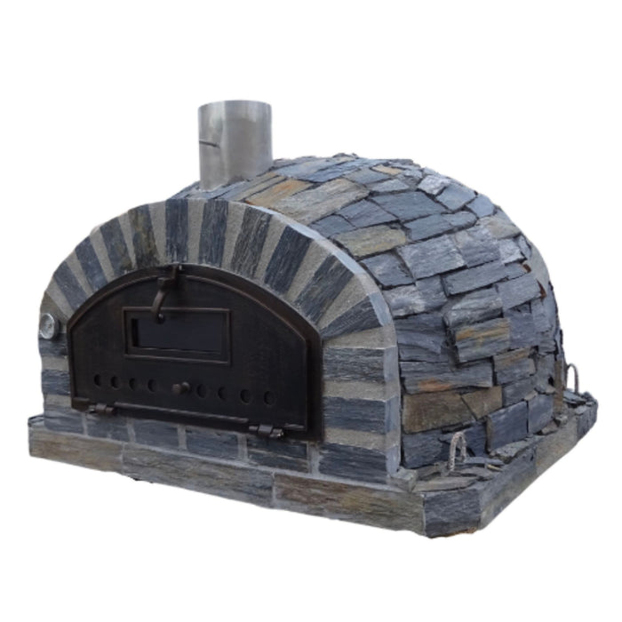 Rustic Lisboa Premium Pizza Oven right angle view with slate stone finish and black cast aluminum door
